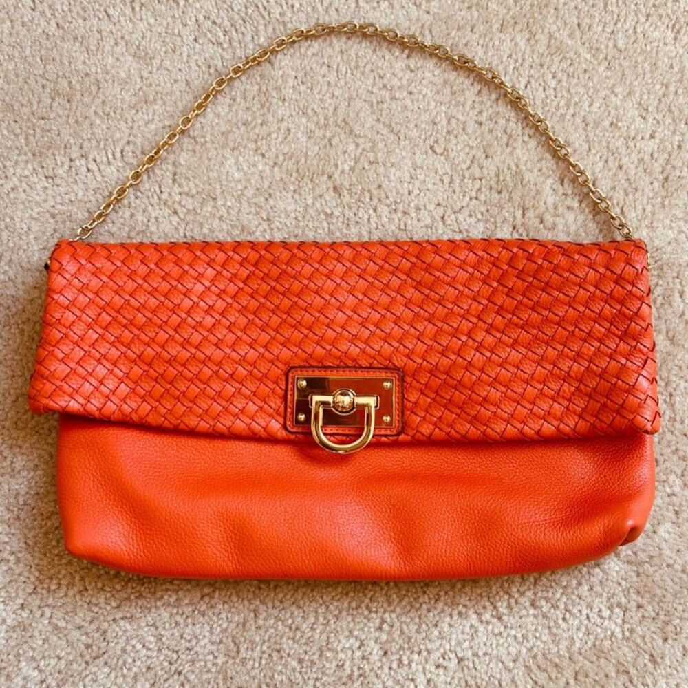 Banana Republic Orange Woven Leather Foldover Bag Purse w/Gold Chain Hardware